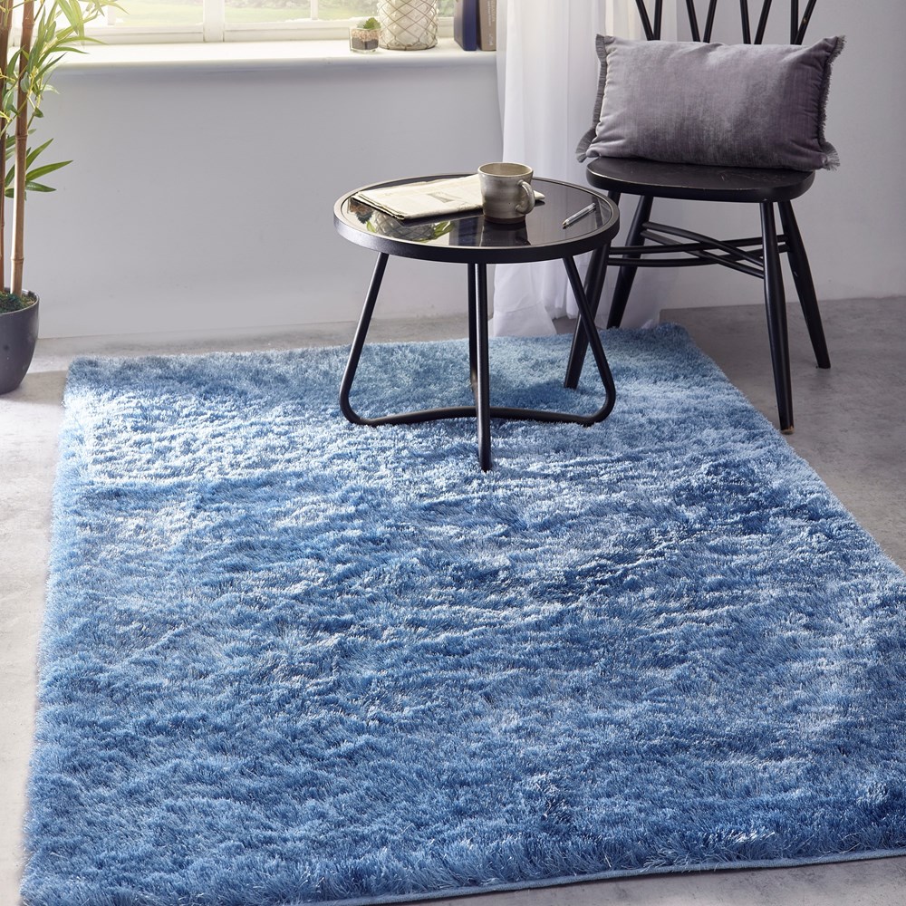 Shimmer Shaggy Dazzle Glamour Modern Rugs in Denim Blue